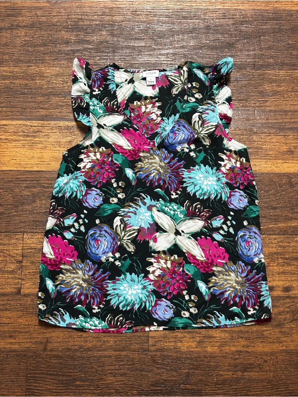 J. Crew Black Floral Flutter Sleeve Tank with Pink, Teal & Blue Blooms